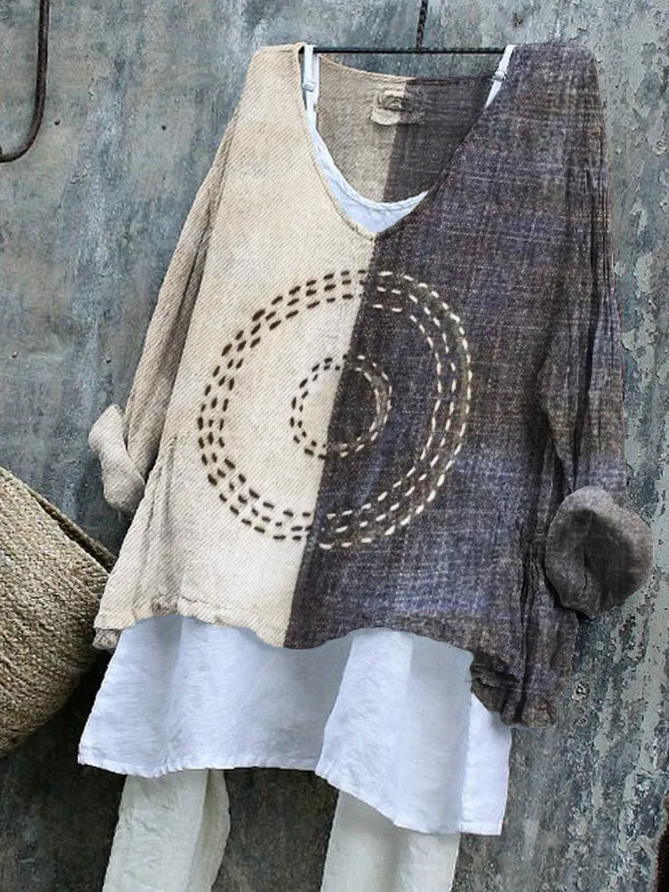 Concentric Circles Japanese Sashiko Contrast Patchwork Linen Blend Tunic