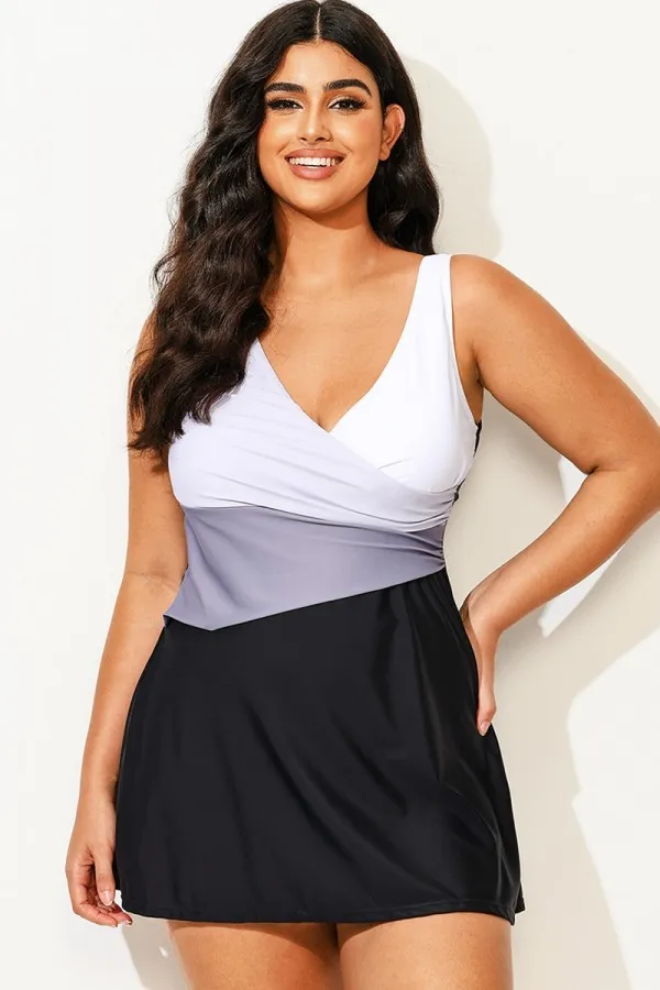 Plus Size Black & White V-Neck Colorblock Fit Swimdress