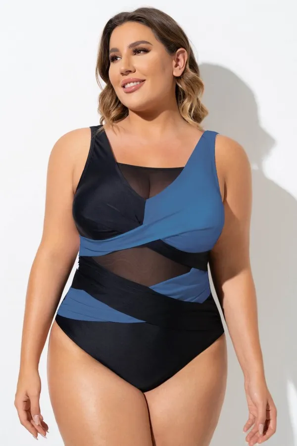 Black & White Sexy Cut Out Mesh One Piece Swimsuit