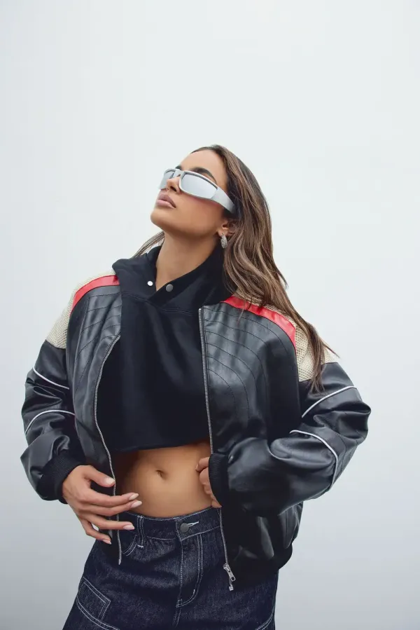 New York Streets Faux Leather Bomber Jacket - Black/combo