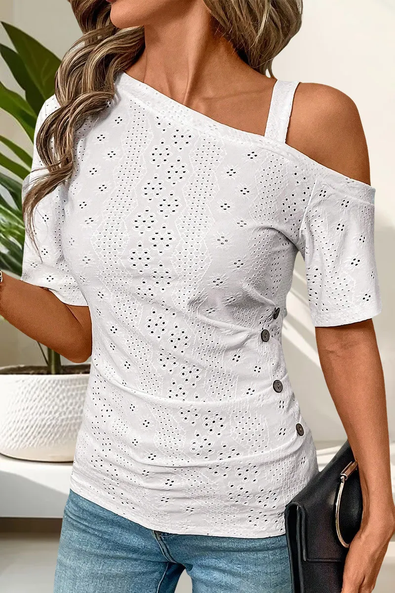 Solid Eyelet Embroidery Button Decor Asymmetrical Neck T-Shirt