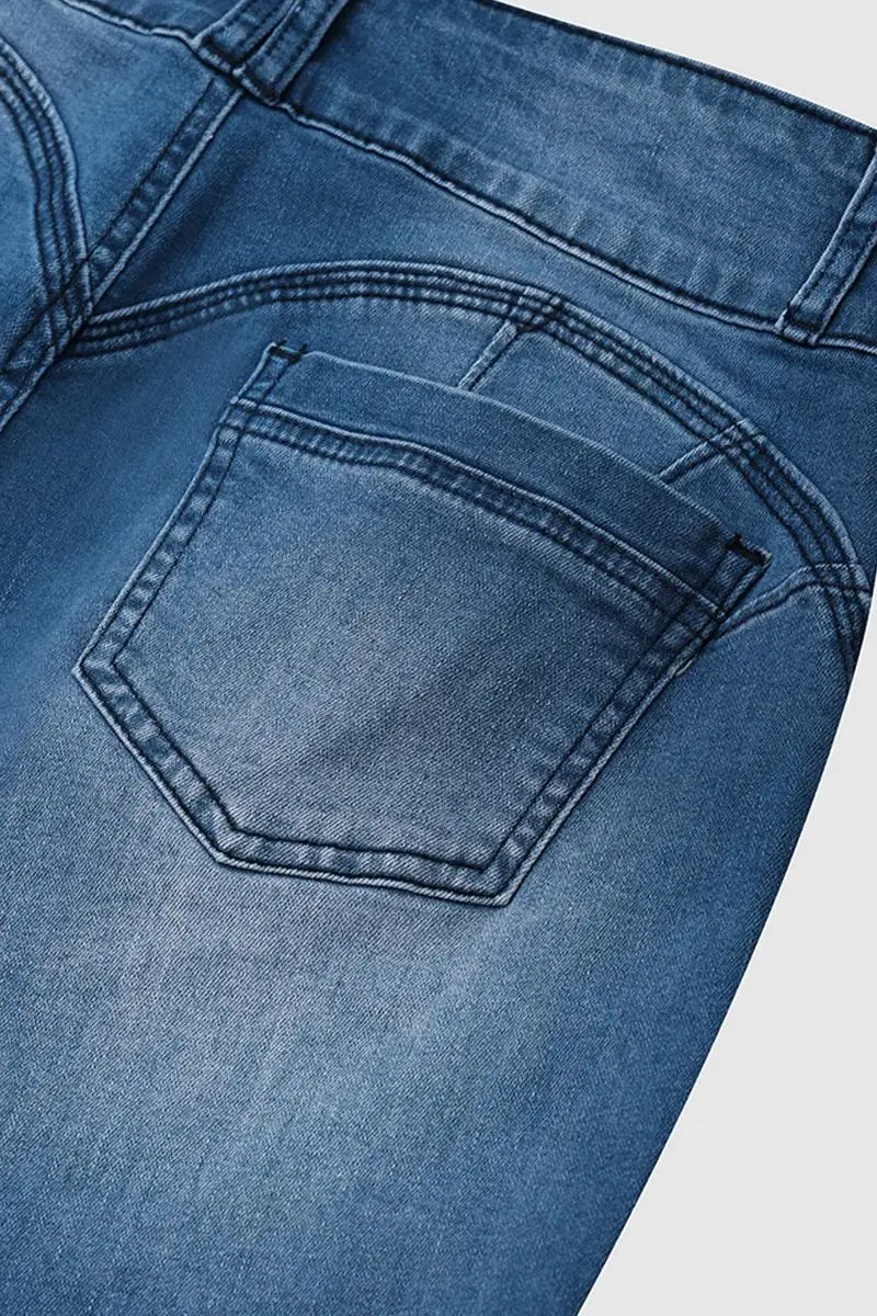 Double Button Roll Hem High Waist Denim Mid Thigh Shorts