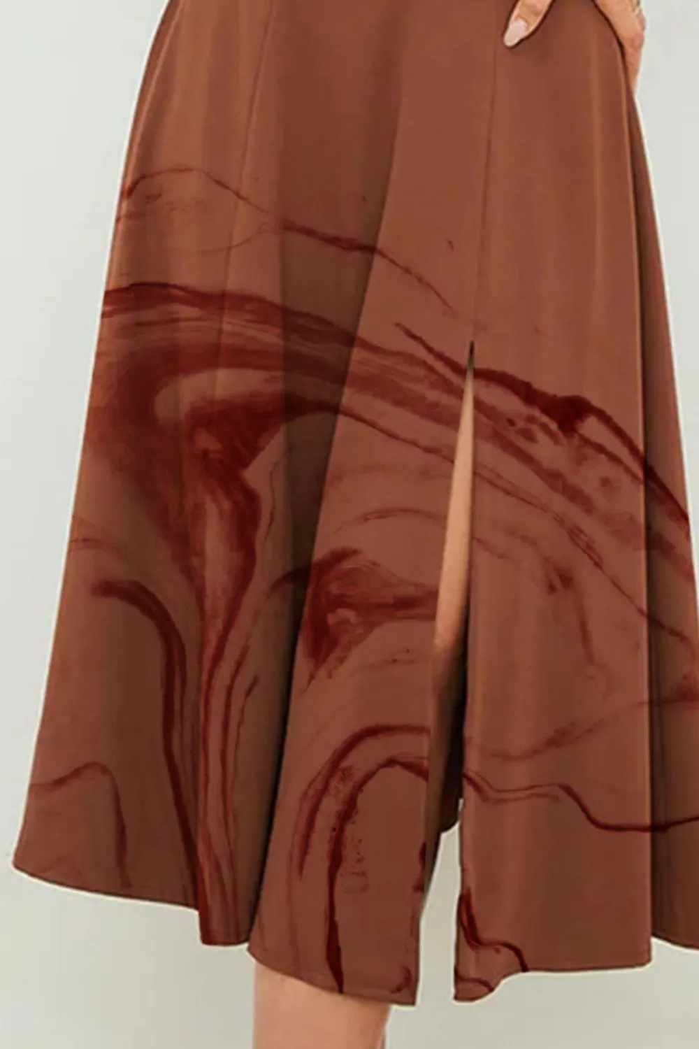 Tie Strap Fit & Flare High Slit Slip Midi Dress - Chocolate