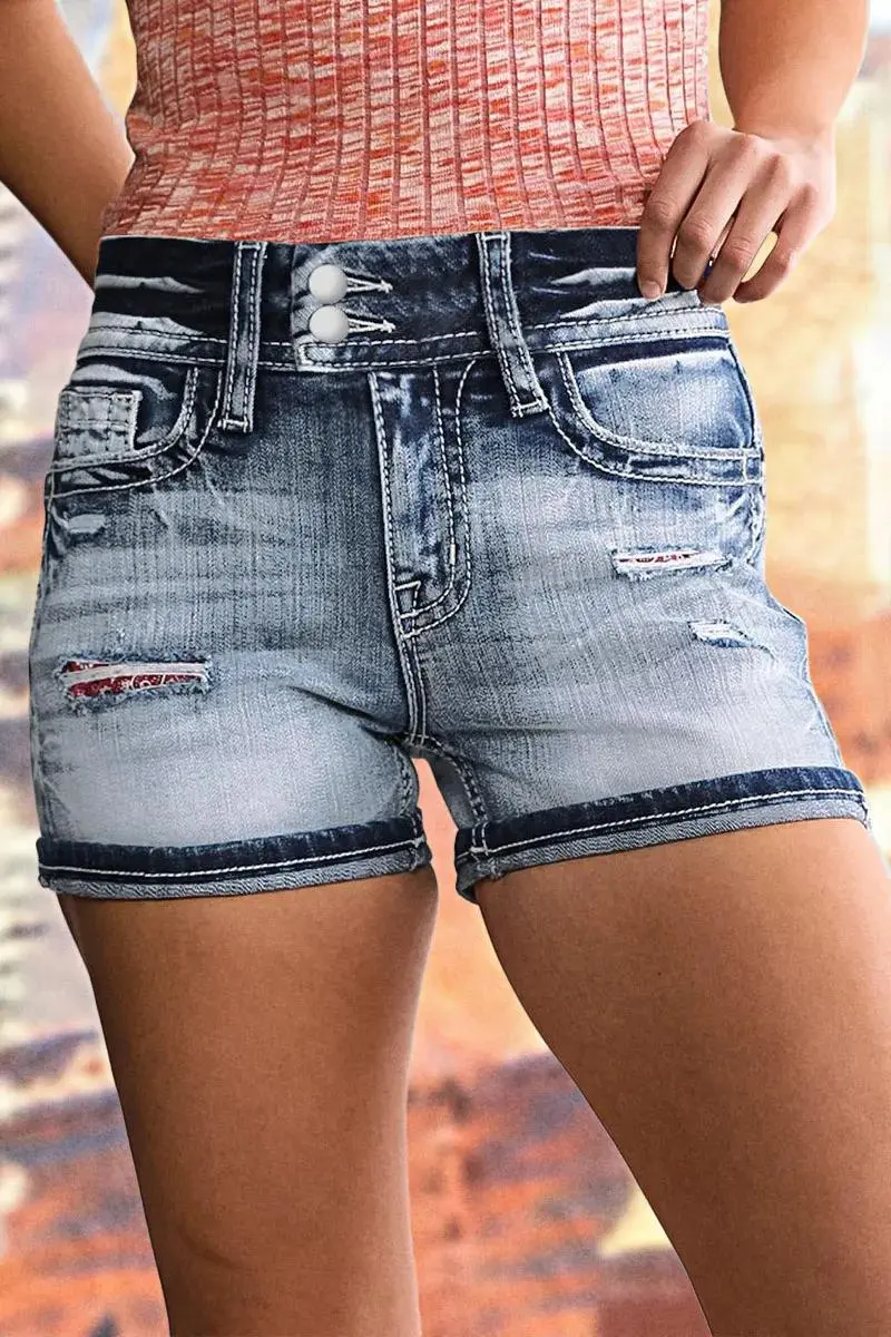 Wash Paisley Patched Ripped Mid Rise Denim Shorts