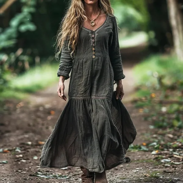 Women's Bohemian V-neck Linen Blend Midi Dress