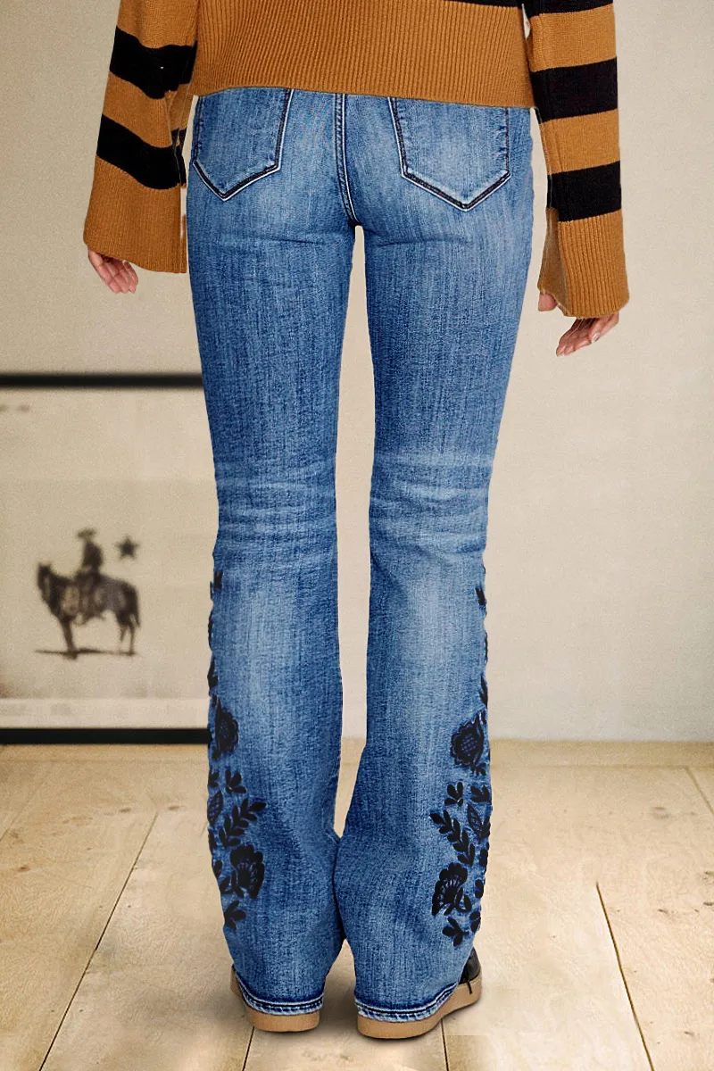 Floral Embroidery Wash Mid Waist Bootcut Jeans
