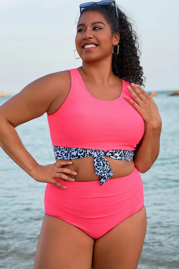 Leopard Print Stitching Knotted Crop Bikini Top