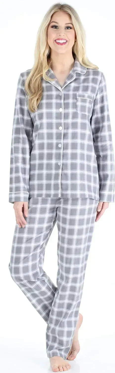 Women's Cotton Flannel Long Sleeve Button-Down Pajamas PJ Set
