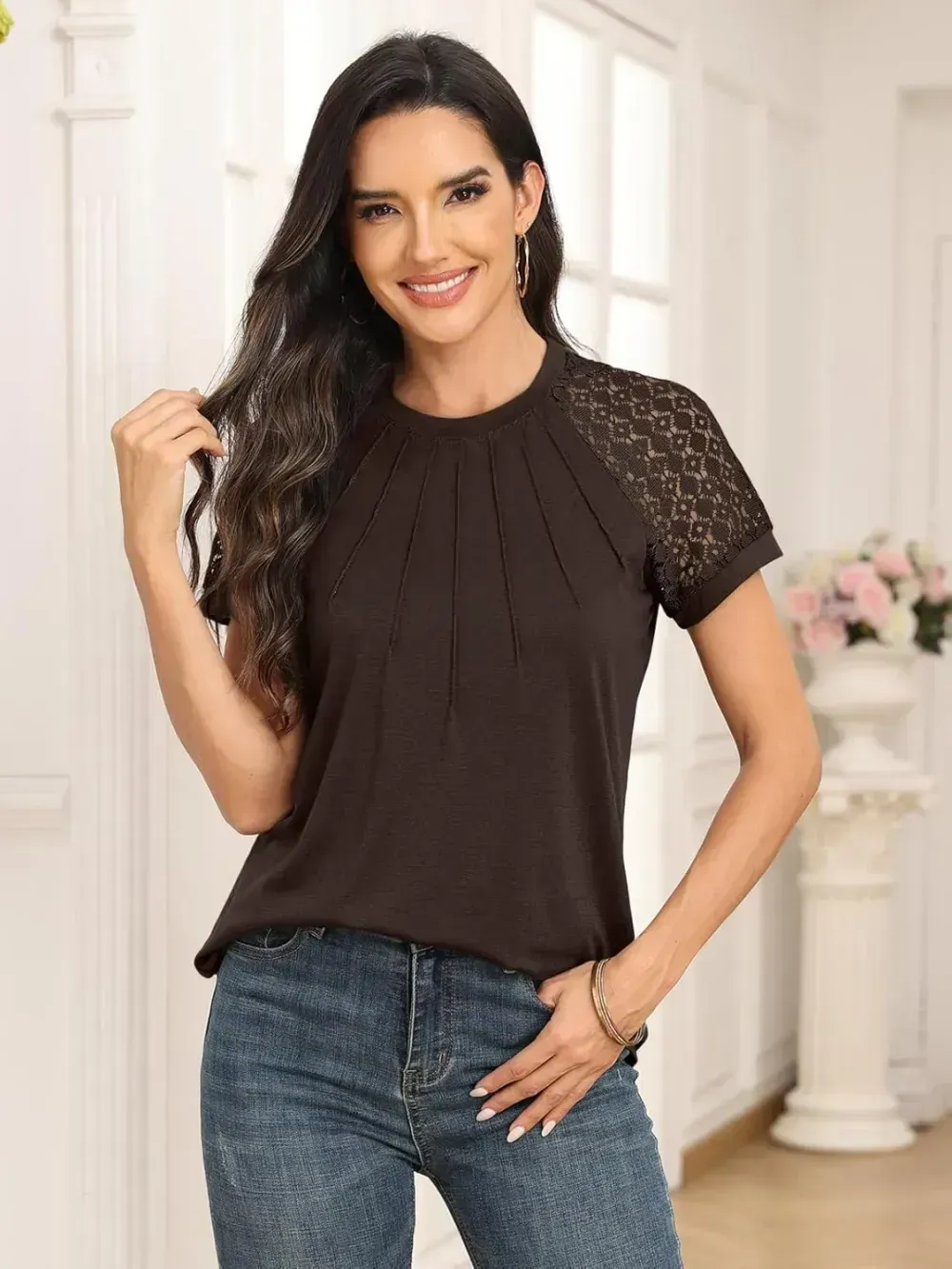 AUTOMET Womens Tshirts Trendy Fashion Tops Lace Short Sleeve Business Tee Shirts Casual Knitted Blouses Summer Outfits 2024
