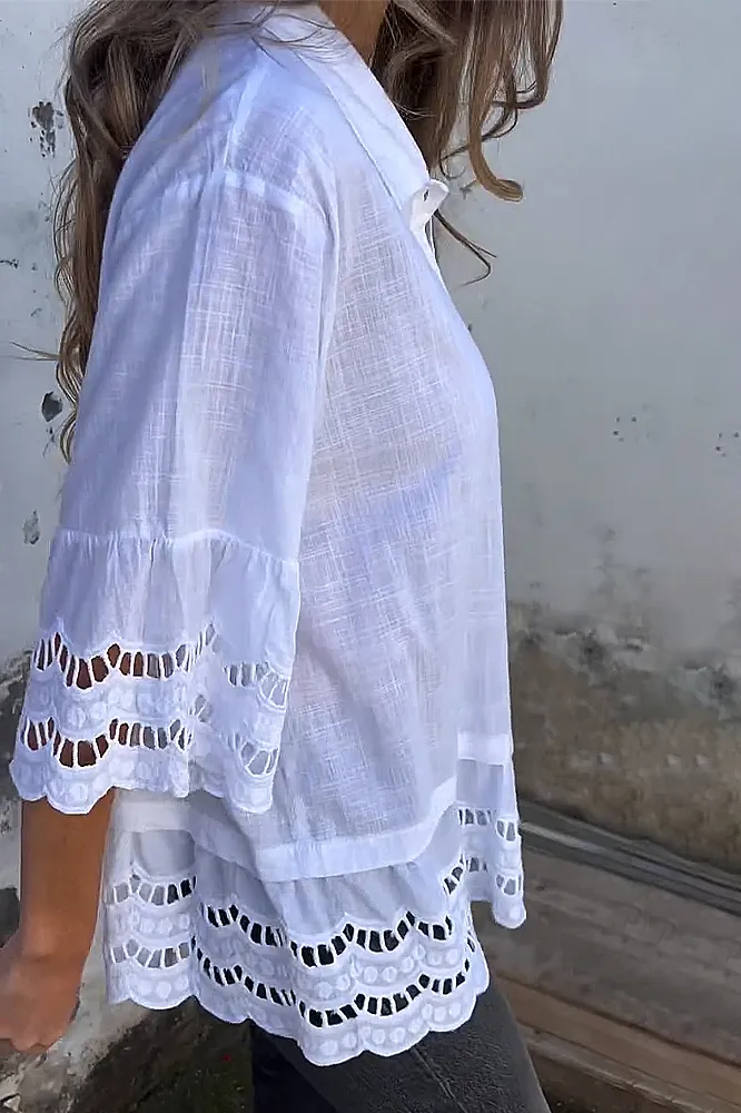 Women's solid color cotton and linen hollow out shirt