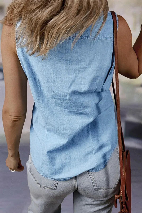 Solid Button Front Sleeveless Denim Shirt