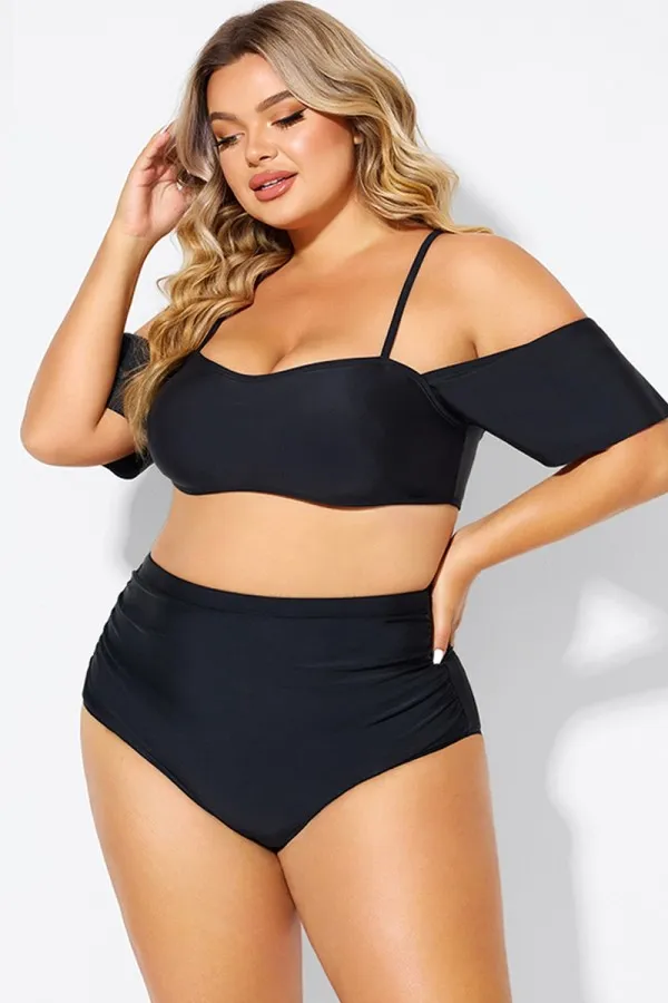 Black Lace Up Off the Shoulder Ruffle Bikini Top