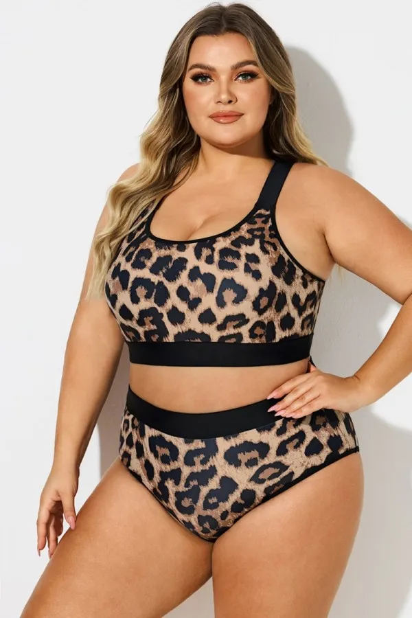 Plus Size Leopard Print Square Neck Bikini Top