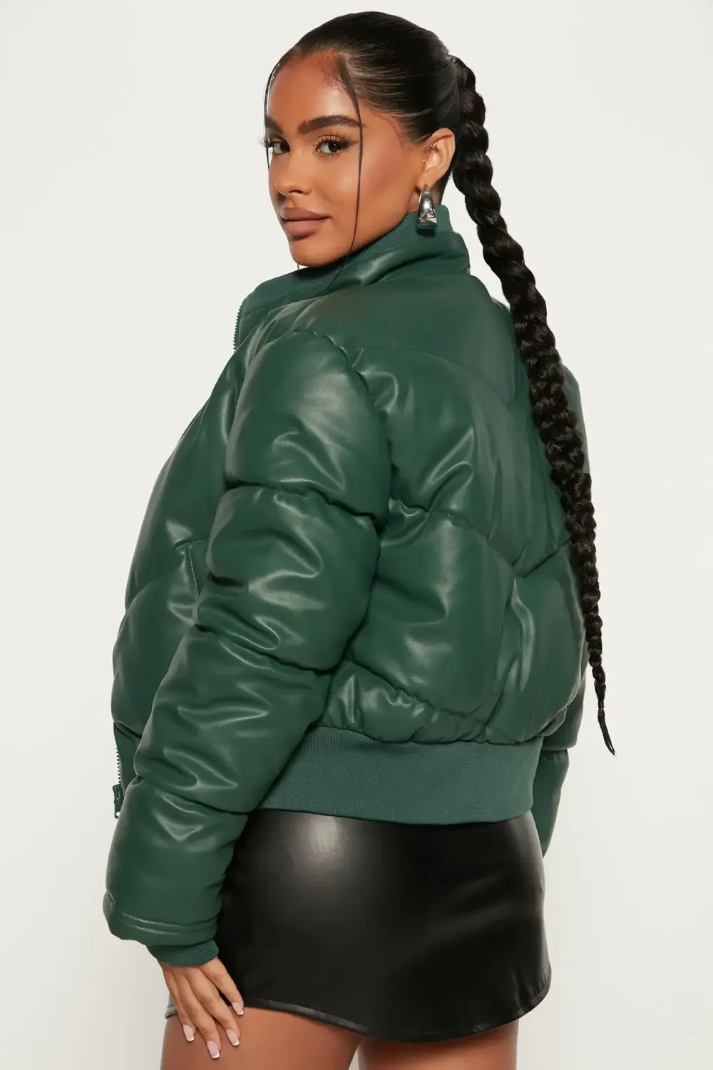 No Excuses Faux Leather Puffer Jacket - Hunter