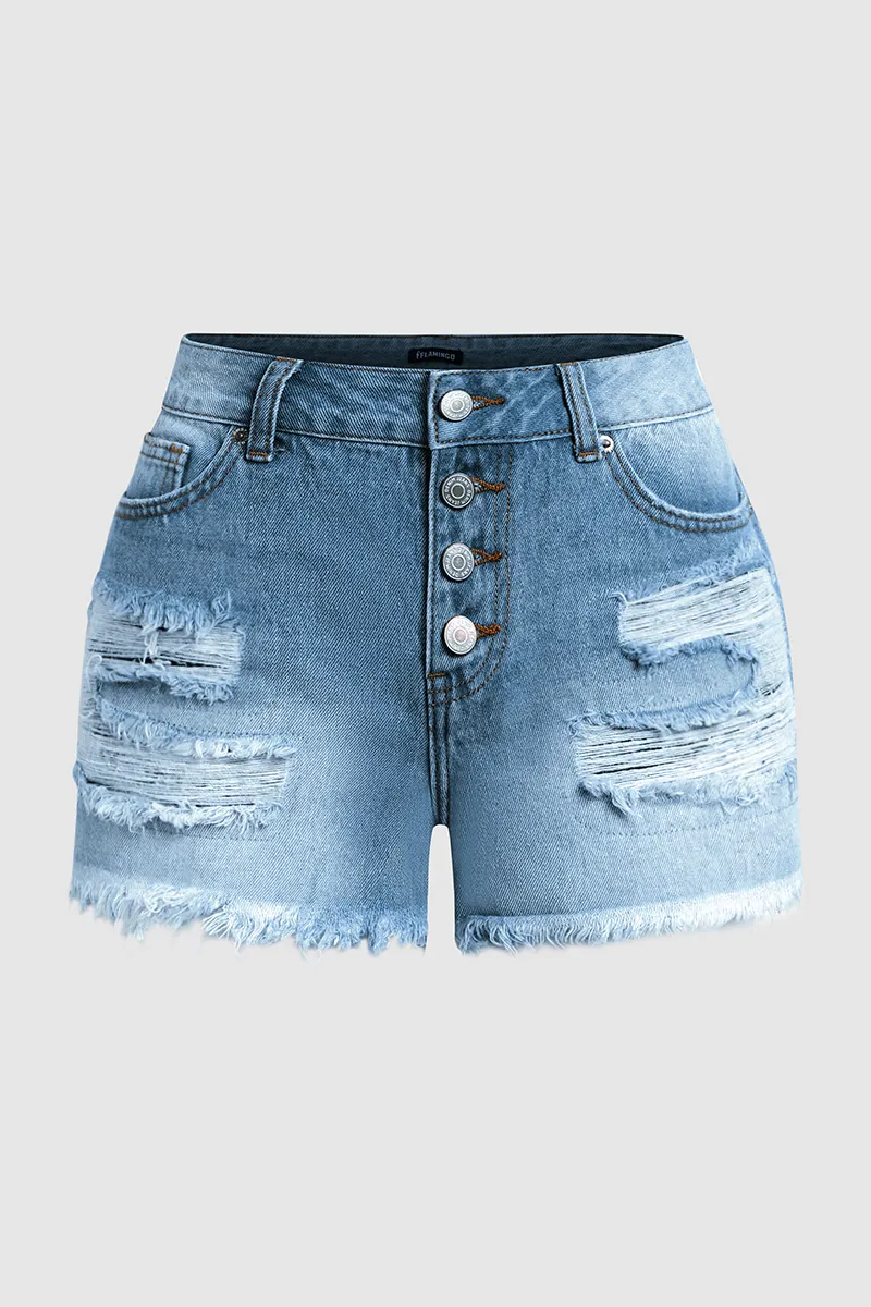 Button Fly Ripped Raw Hem Low Rise Denim Shorts
