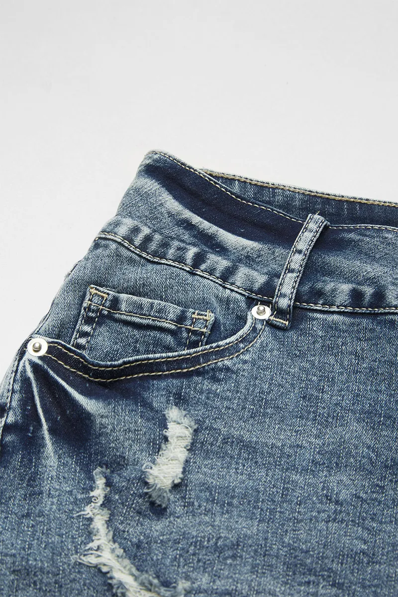 Stripe Ripped Roll Hem Button Fly Denim Shorts