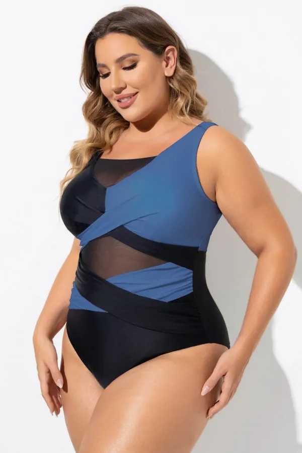 Black & White Sexy Cut Out Mesh One Piece Swimsuit