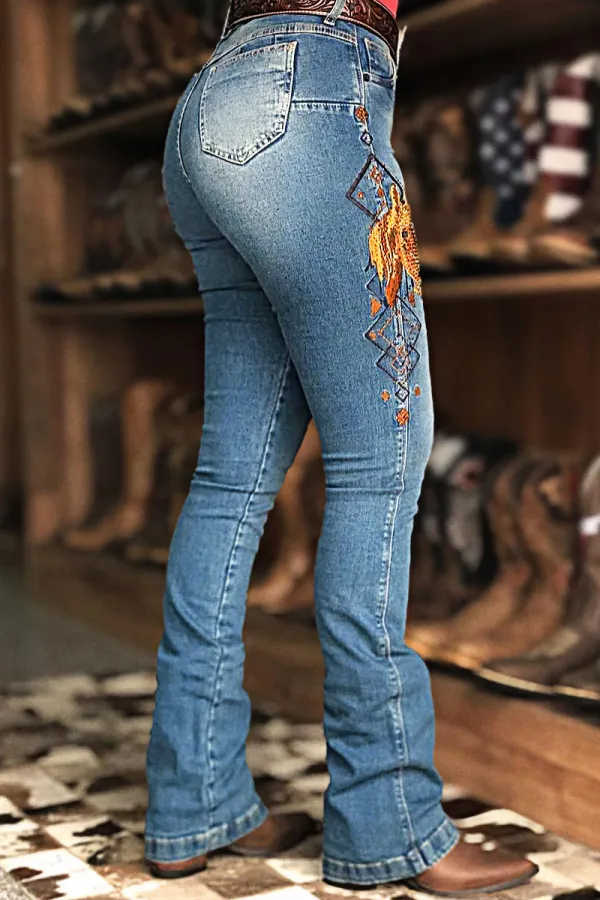 Horse Embroidery High Waist Bootcut Jeans Without Belt