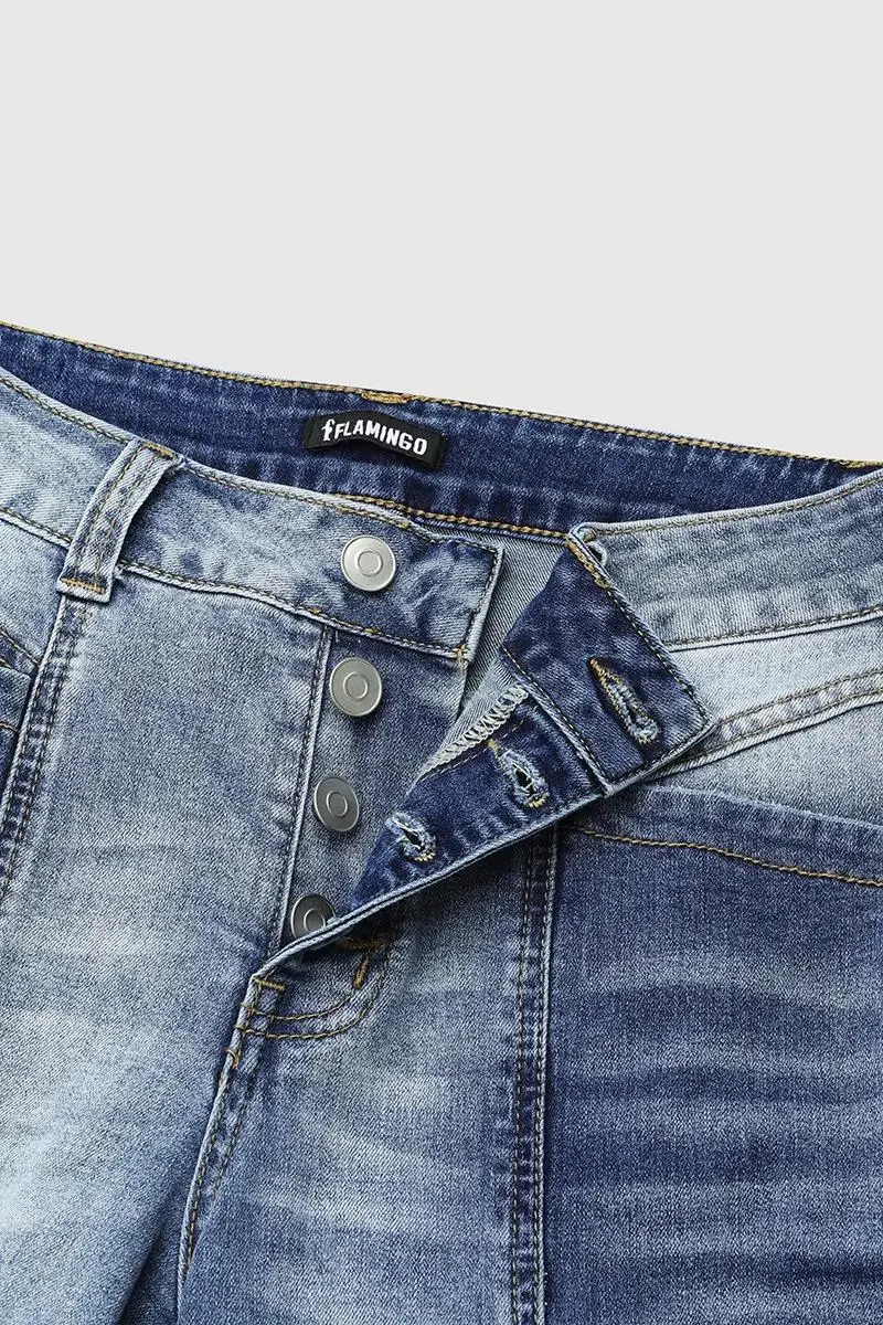 Cut & Sew Button Fly Mid Waist Flare Jeans
