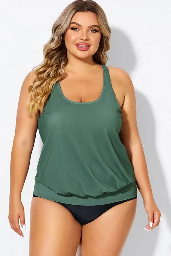 Army Green Racerback Tummy Control Blouson Tankini Top