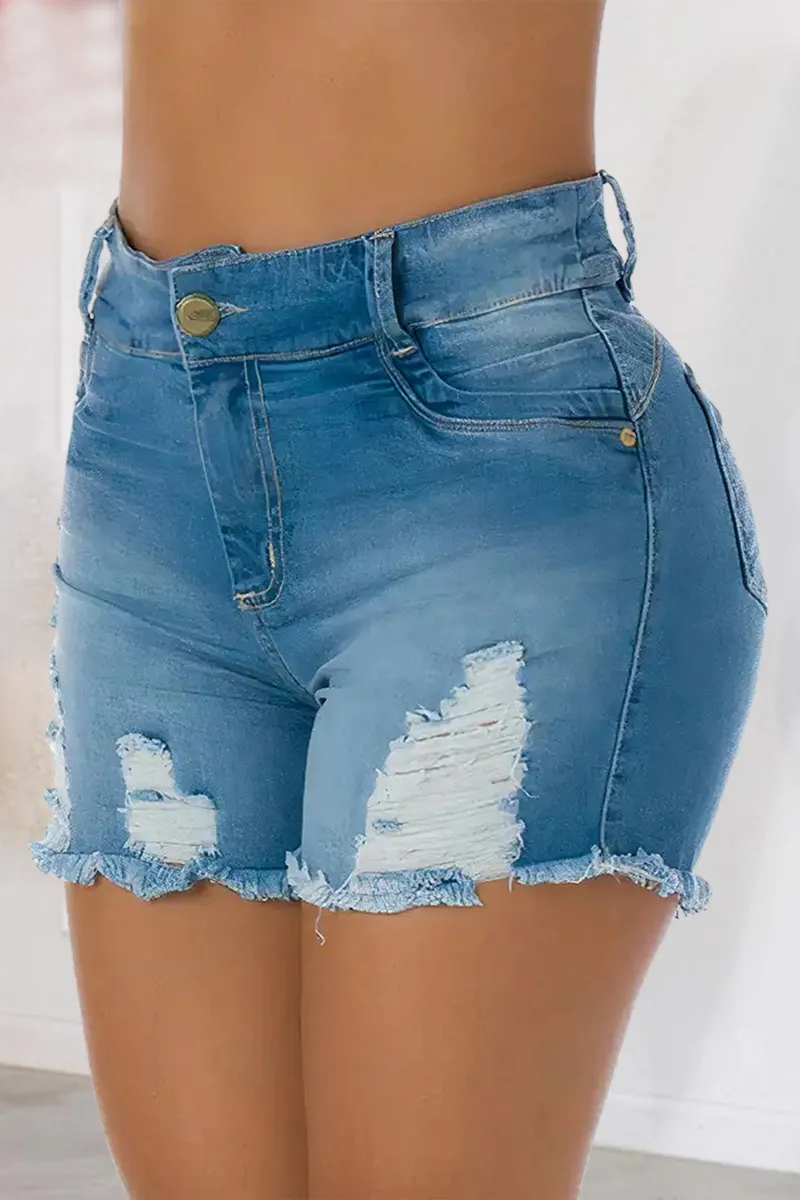 Wash Ripped Raw Hem High Waist Denim Shorts