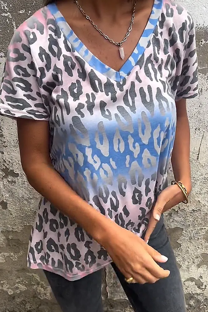 Women's Leopard print gradient V-neck strap casual T-shirt