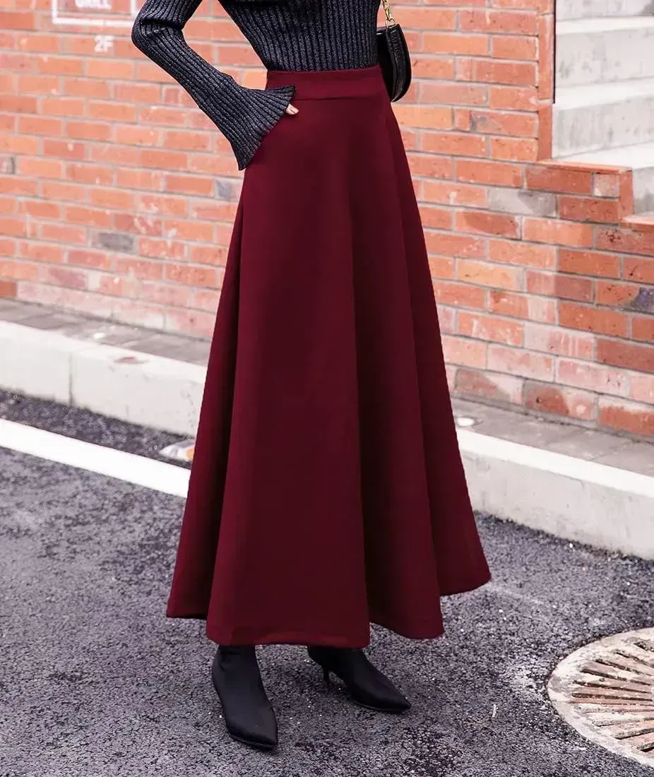 Women's Winter Elegant Warm Long Skirt Wool Maxi Skirts Elastic Waist A-Line High Waist Plaid Pleated Skirt S-3XL