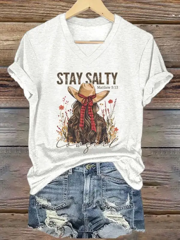Women's Casual Western Christian Faith Bible Verse Printed V-Neck Short Sleeve T-Shirt