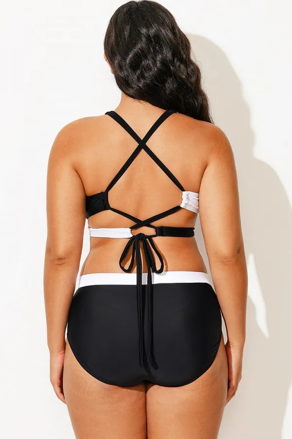Plus Size Black And White Adjustable Tie-Back Bikini Top