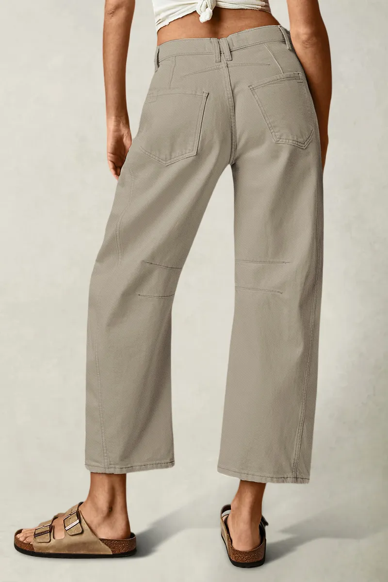 Solid Stitch Detail Mid Waist Crop Straight Leg Jeans Without Belt