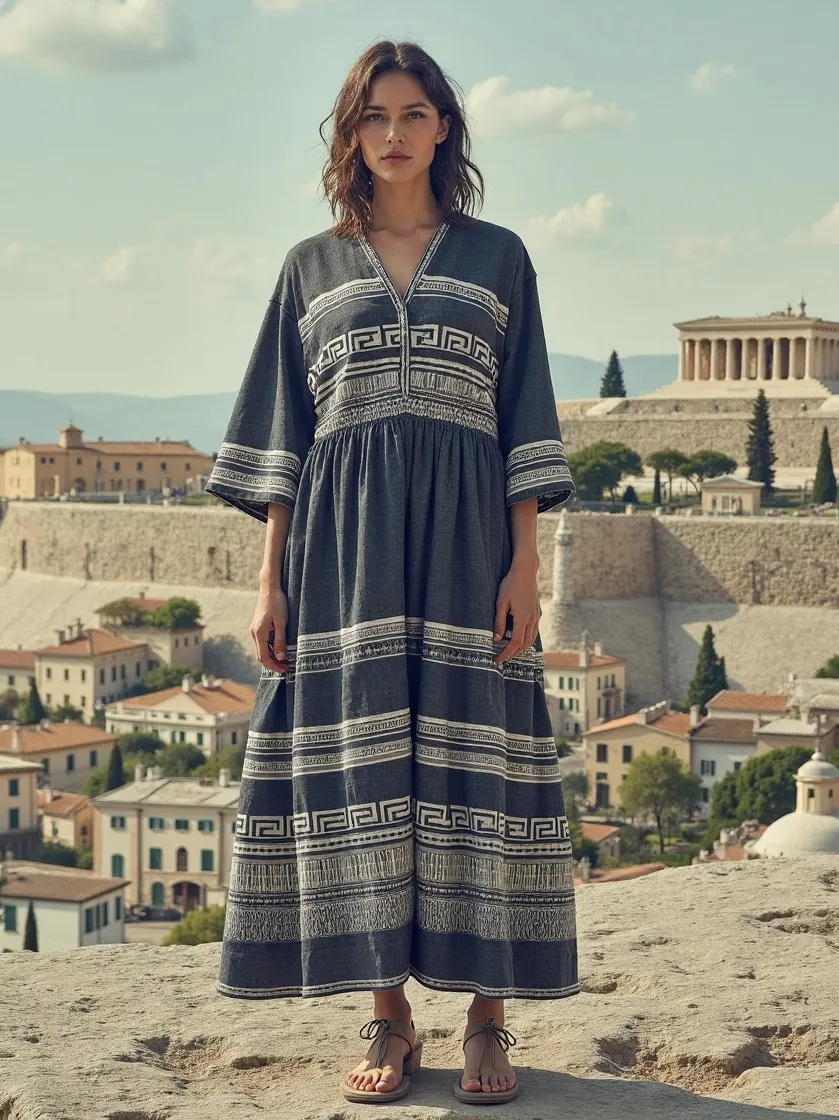 Retro Greek Key Graphics V Neck Linen Blend Dress