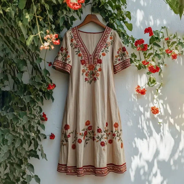 Women's Vintage Embroidered Flower V-neck Loose Midi Dress