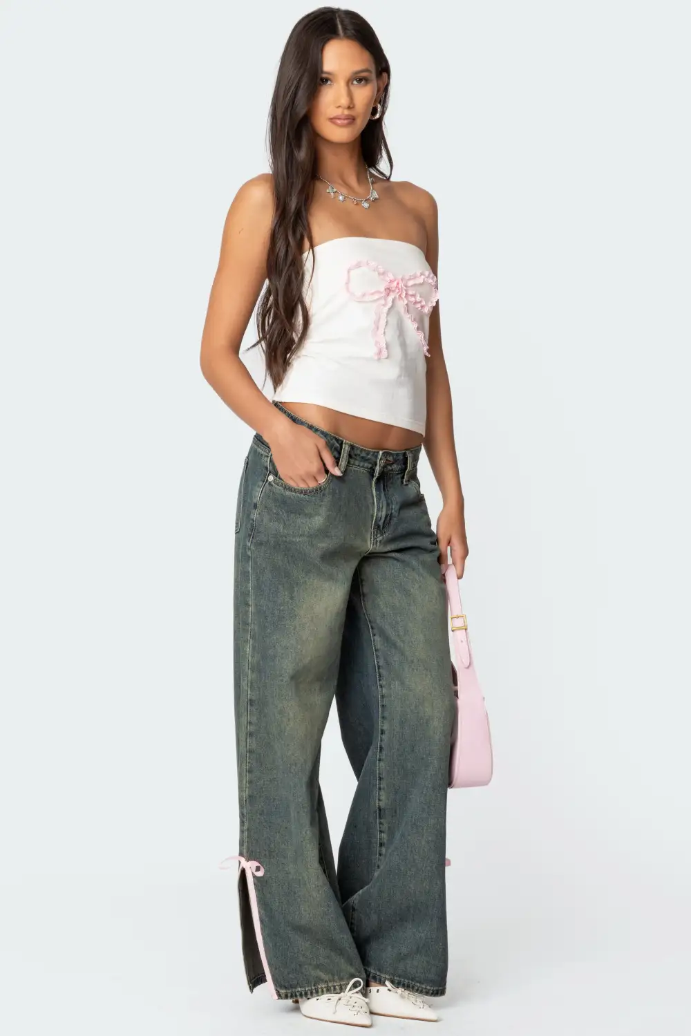 Bow Slitted Vintage Washed Jeans