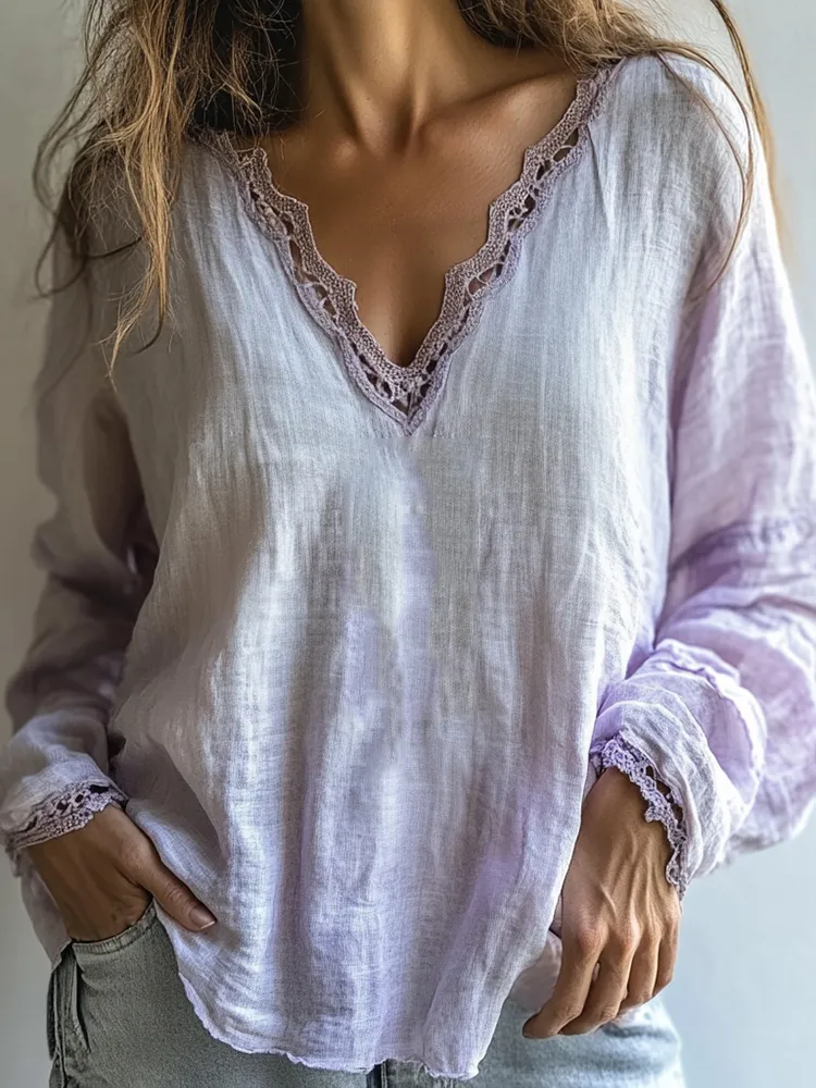 Vintage Boho Gradient Lace Hem Linen Blend Tunic