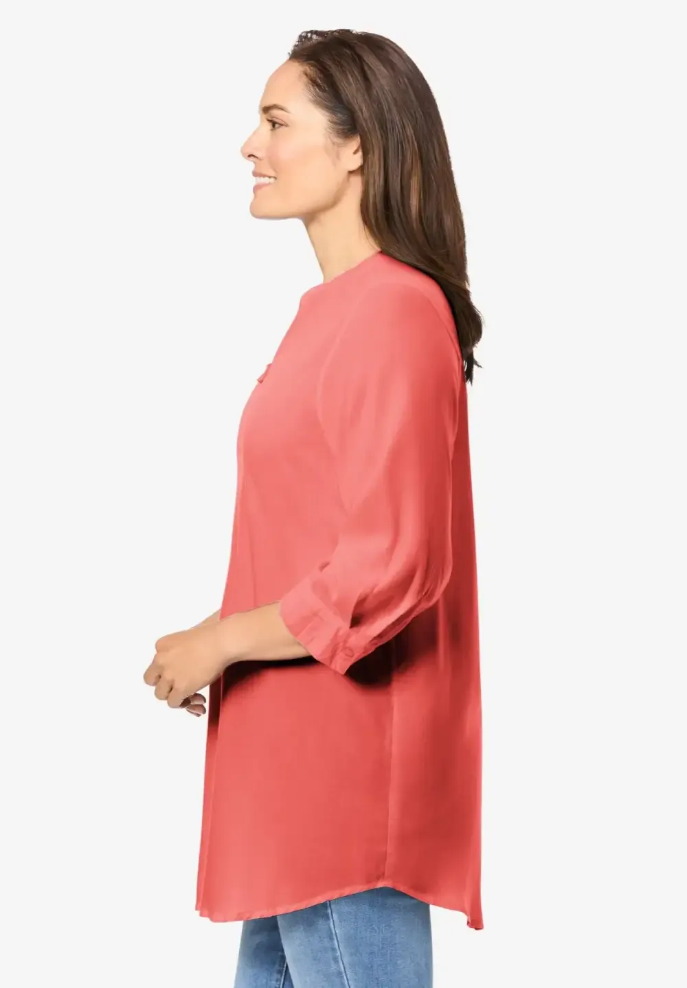 Rayon 7-Day Three-Quarter Sleeve Tab-Front Tunic
