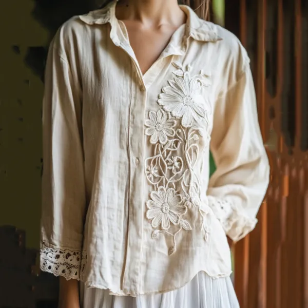 Women's Floral Lace Embroidery Art Long Sleeve Casual Shirt