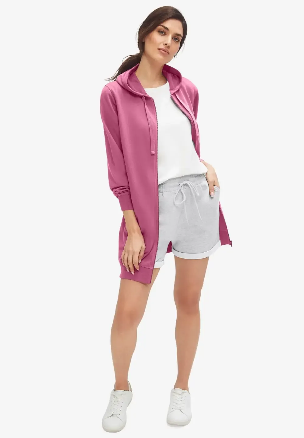 French Terry Long Zip Front Hoodie