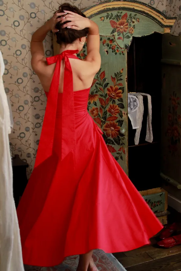 Red Stretch Cotton Button Halter Neck Midi Dress
