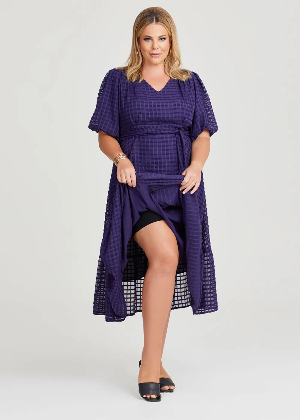 Windowpane Chiffon Midi Dress