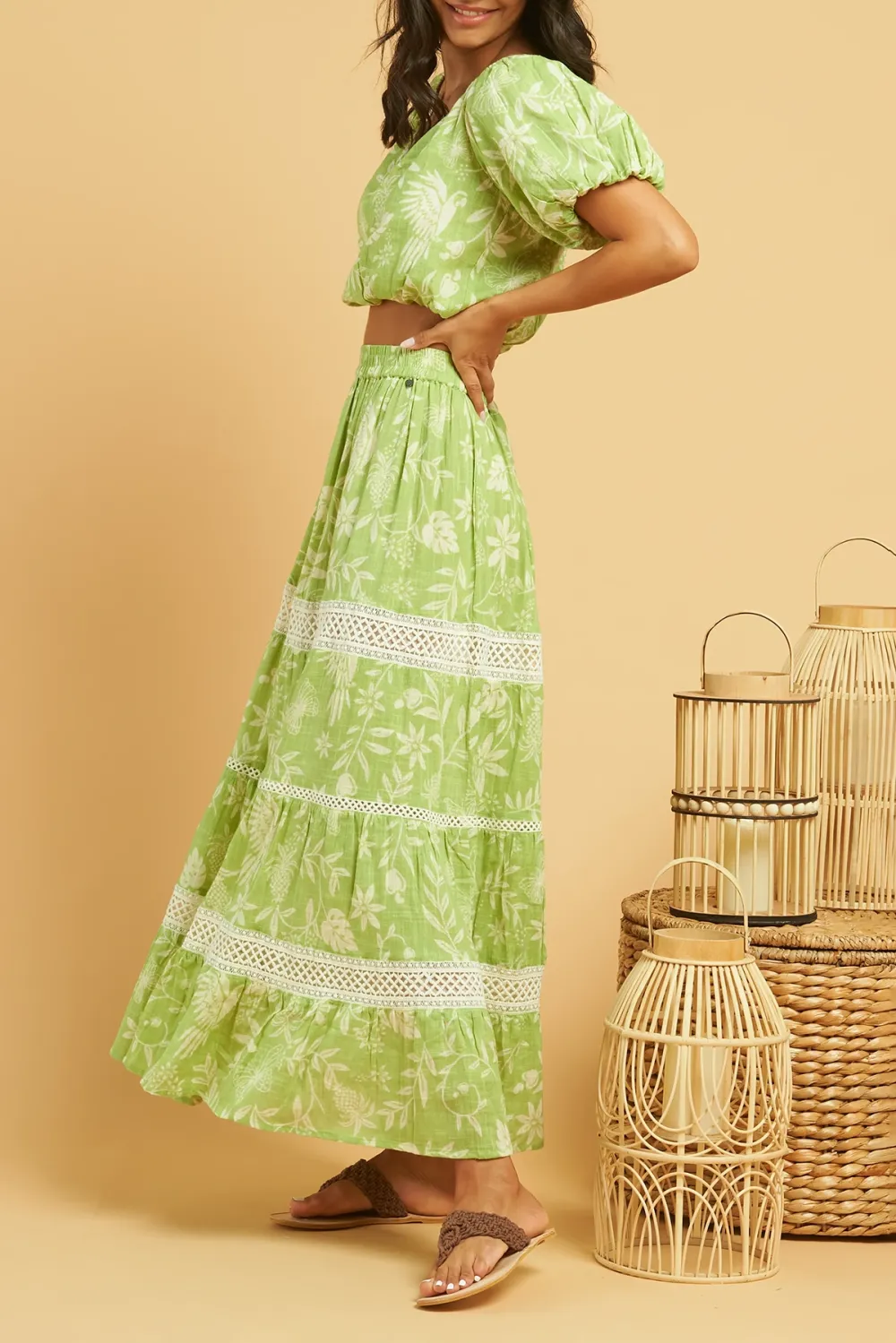 Light Green Floral Print Puff Sleeve Crop Top