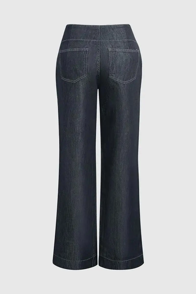 Flap Pocket Front Double Button Low Waist Wide Leg Jeans