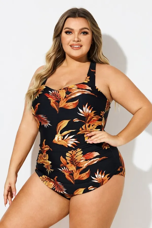 Leaf Print H-Back Sarong Front One Piece Swimsuit