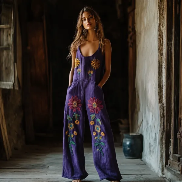 Vintage Floral Embroidered Pattern Art Linen Blend Loose Casual Jumpsuit