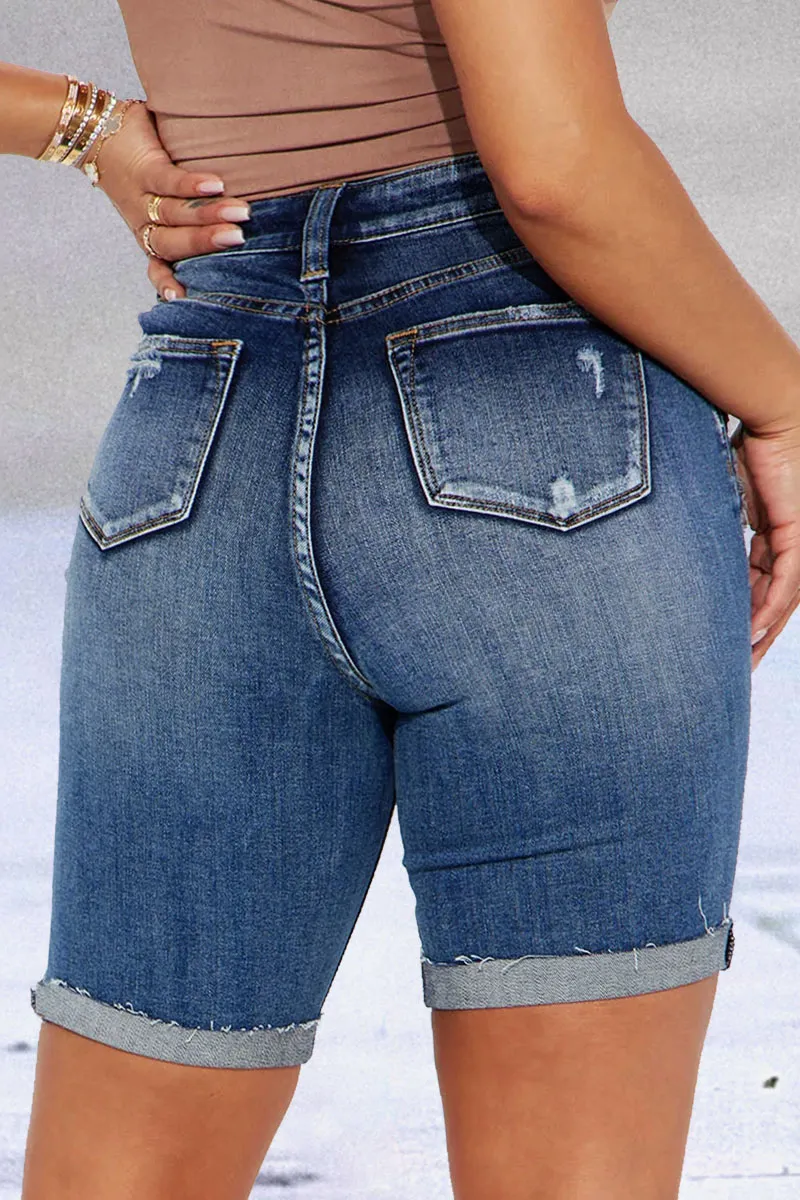 Ripped Raw Hem High Rise Denim Bermuda Shorts