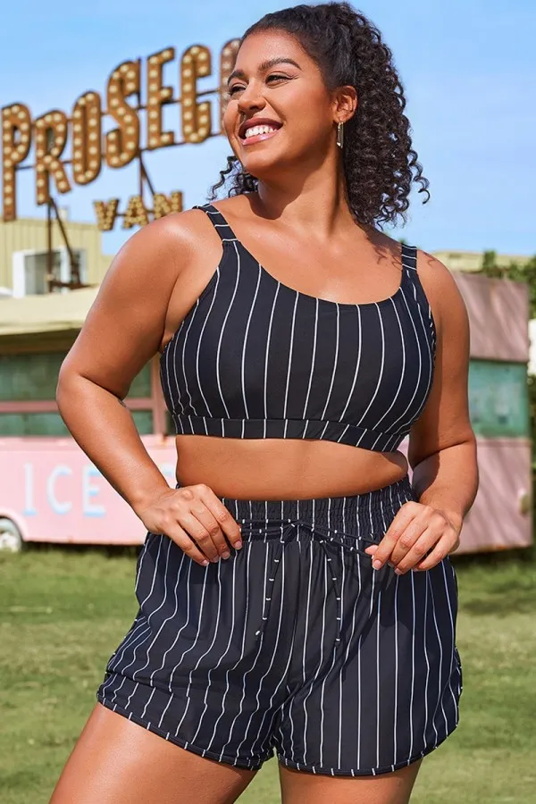 Plus Size Green Check Pinstripe Bikini Top
