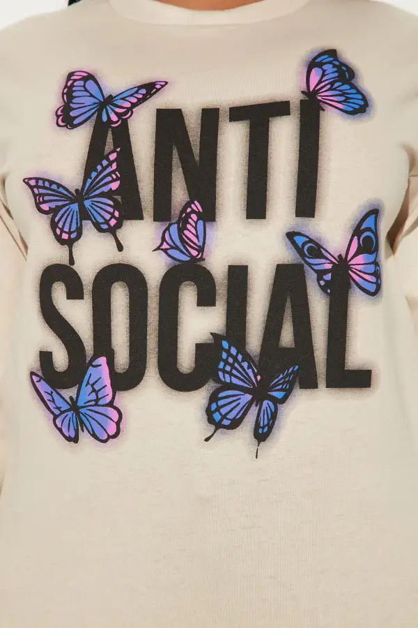Remaining Anti Social Butterfly Long Sleeve Top - Taupe