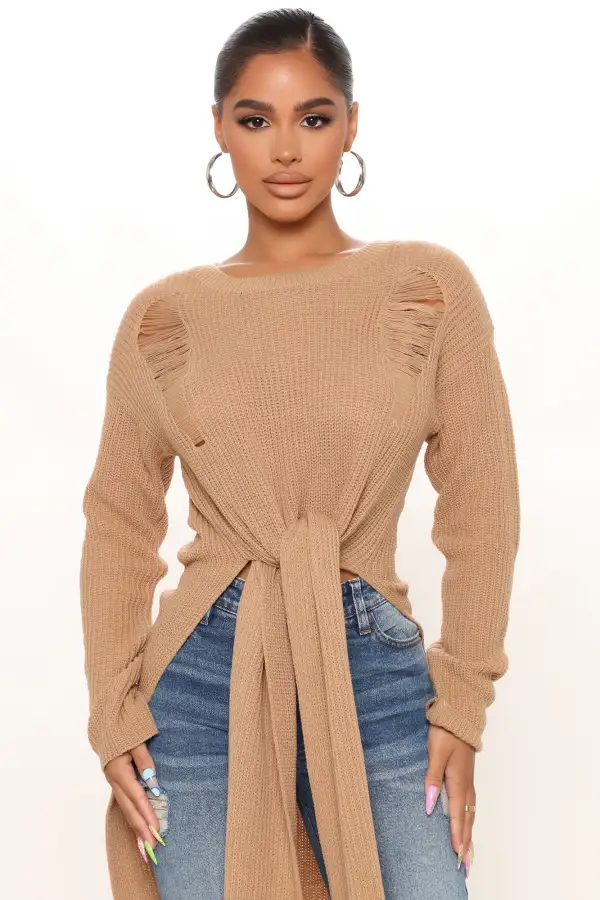 Kara Tie Front Sweater - Tan