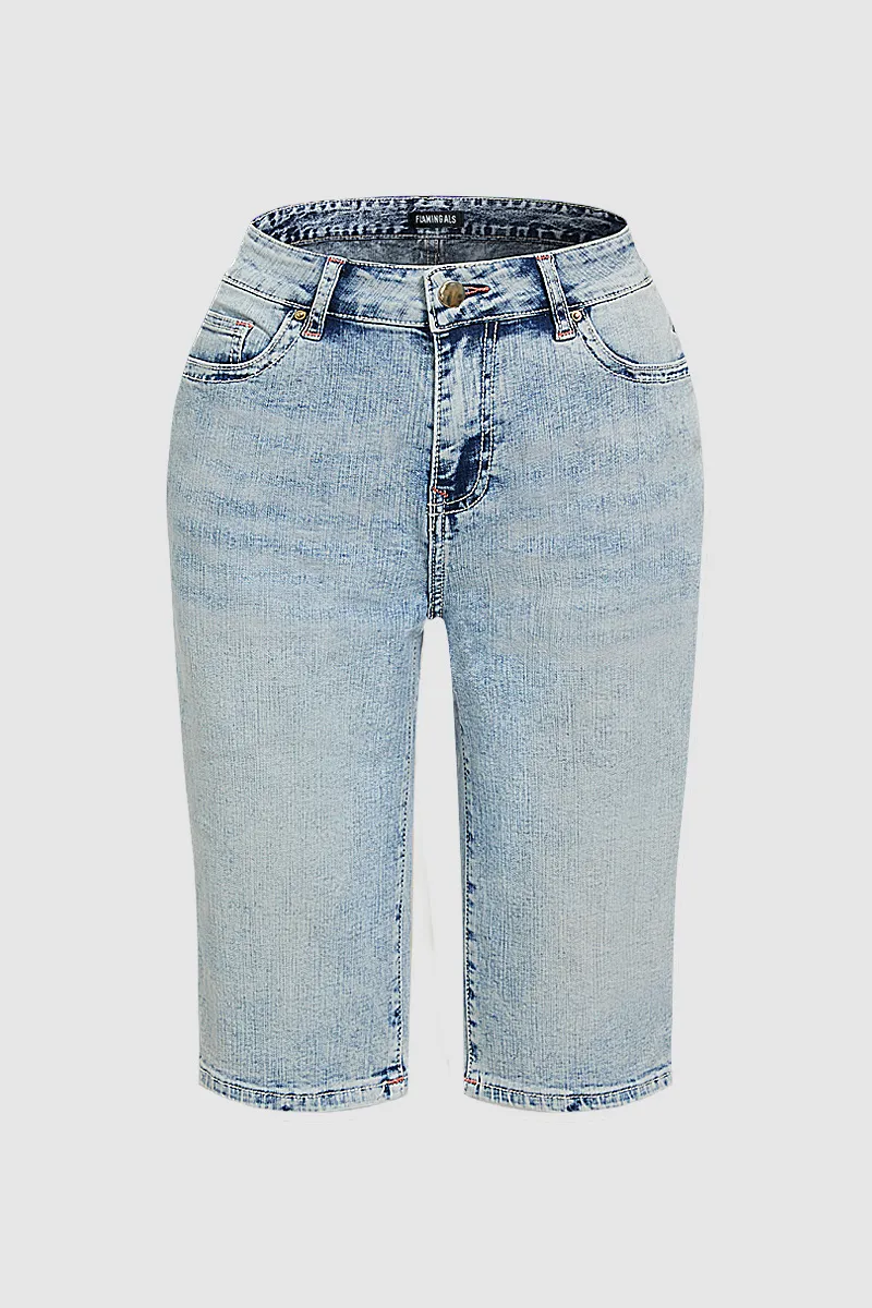Washed Flap Pocket Mid Rise Denim Bermuda Shorts