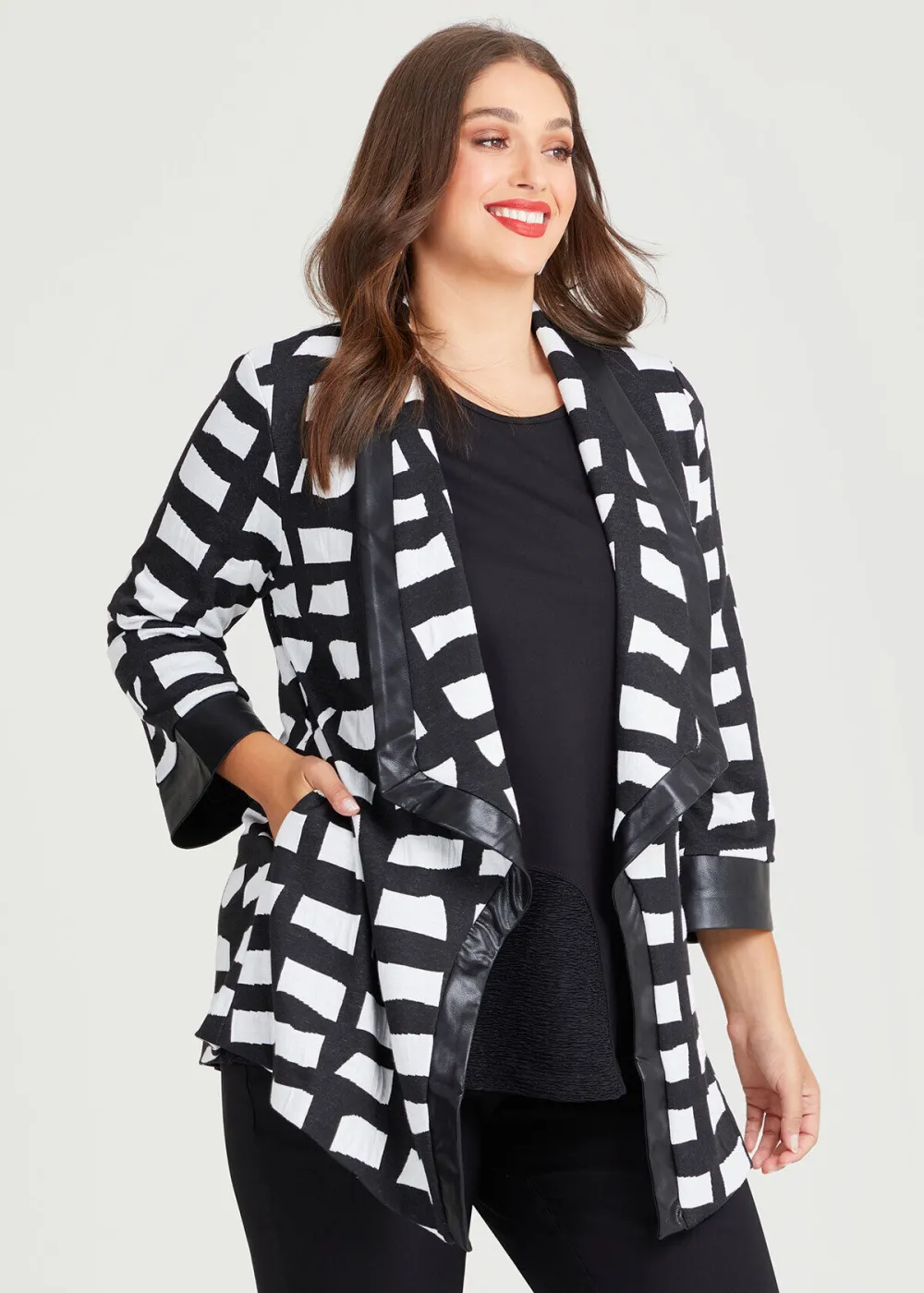 Faux Leather Trim Cube Knit Jacket
