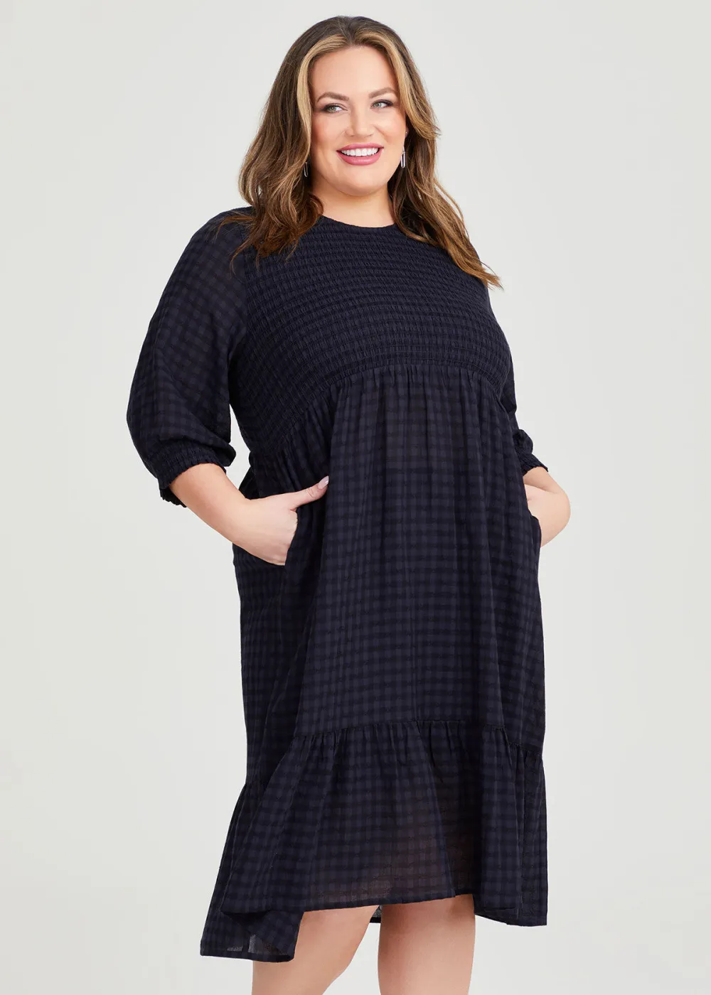 Cotton Gingham Shirred Dress
